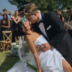 Bride and groom sharing a romantic moment.